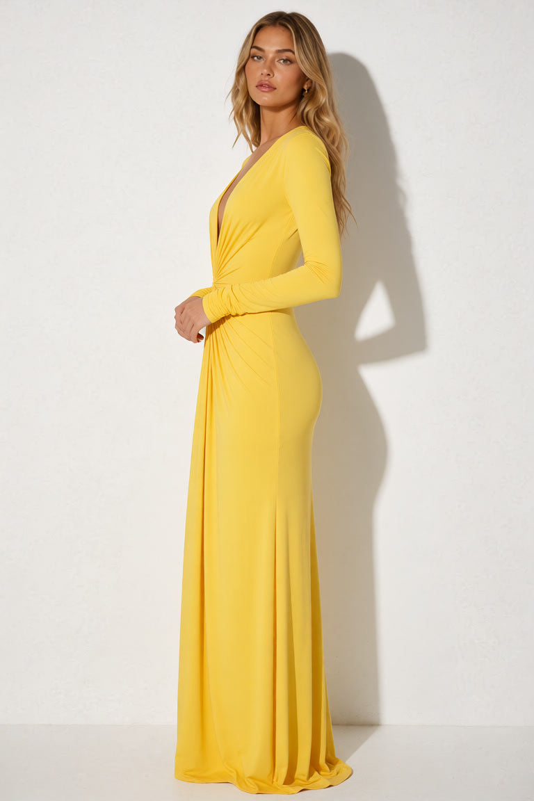 Betty – Robe longue drapée à manches longues et fente haute