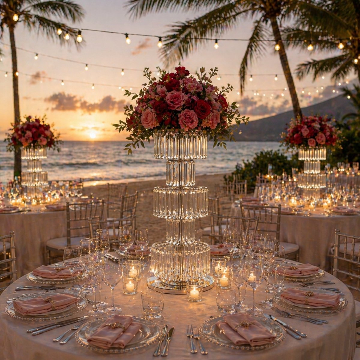 Tall crystal flower riser stand with red and pink floral arrangements at a beachside wedding reception under string lights.
