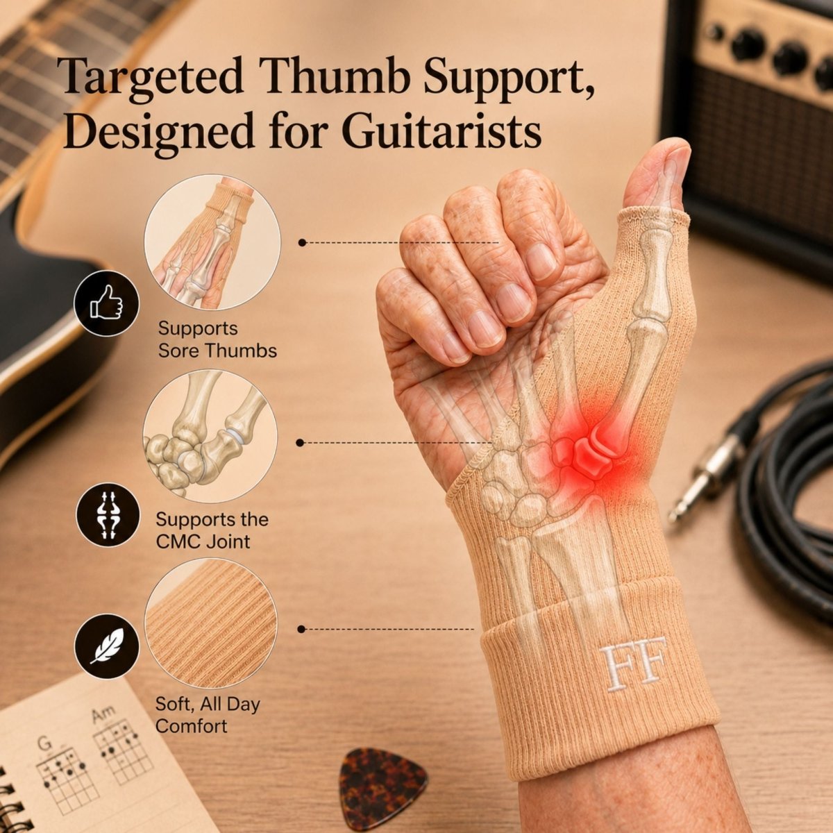 A beige fingerless thumb support wrist brace worn on a hand, shown with overlaid bone graphics highlighting thumb and CMC joint support. Text reads 'Targeted Thumb Support, Designed for Guitarists' with feature callouts and a soft-focus guitar/amp background.