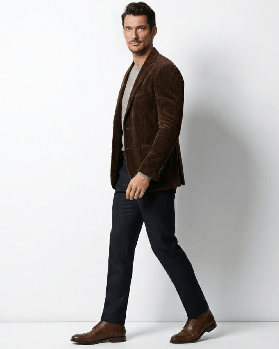Side profile of a man walking in a tailored brown Italian cotton corduroy sport coat