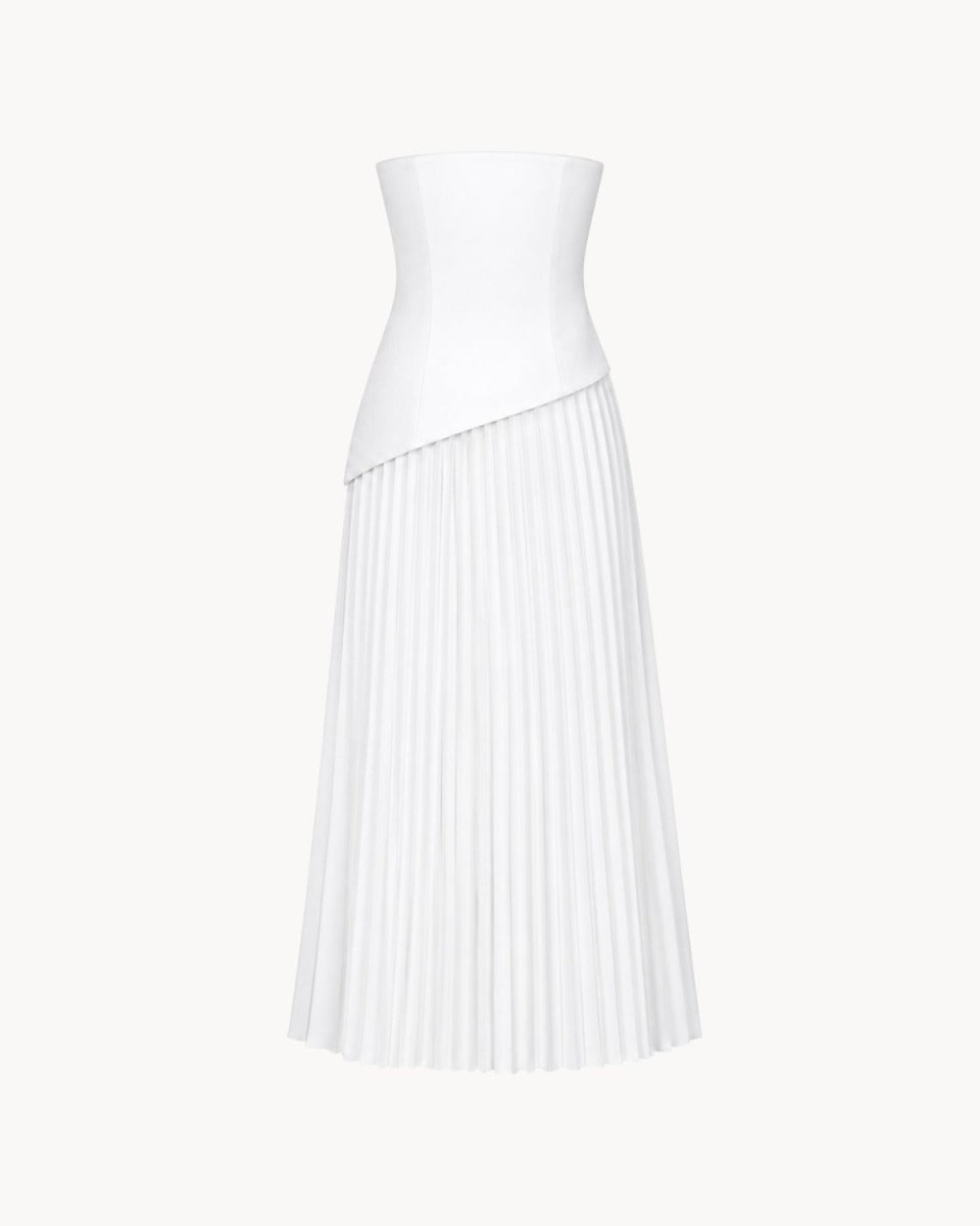 A white strapless midi dress with a structured, slightly tapered bodice and a long, pleated skirt, shown against a plain off-white background.