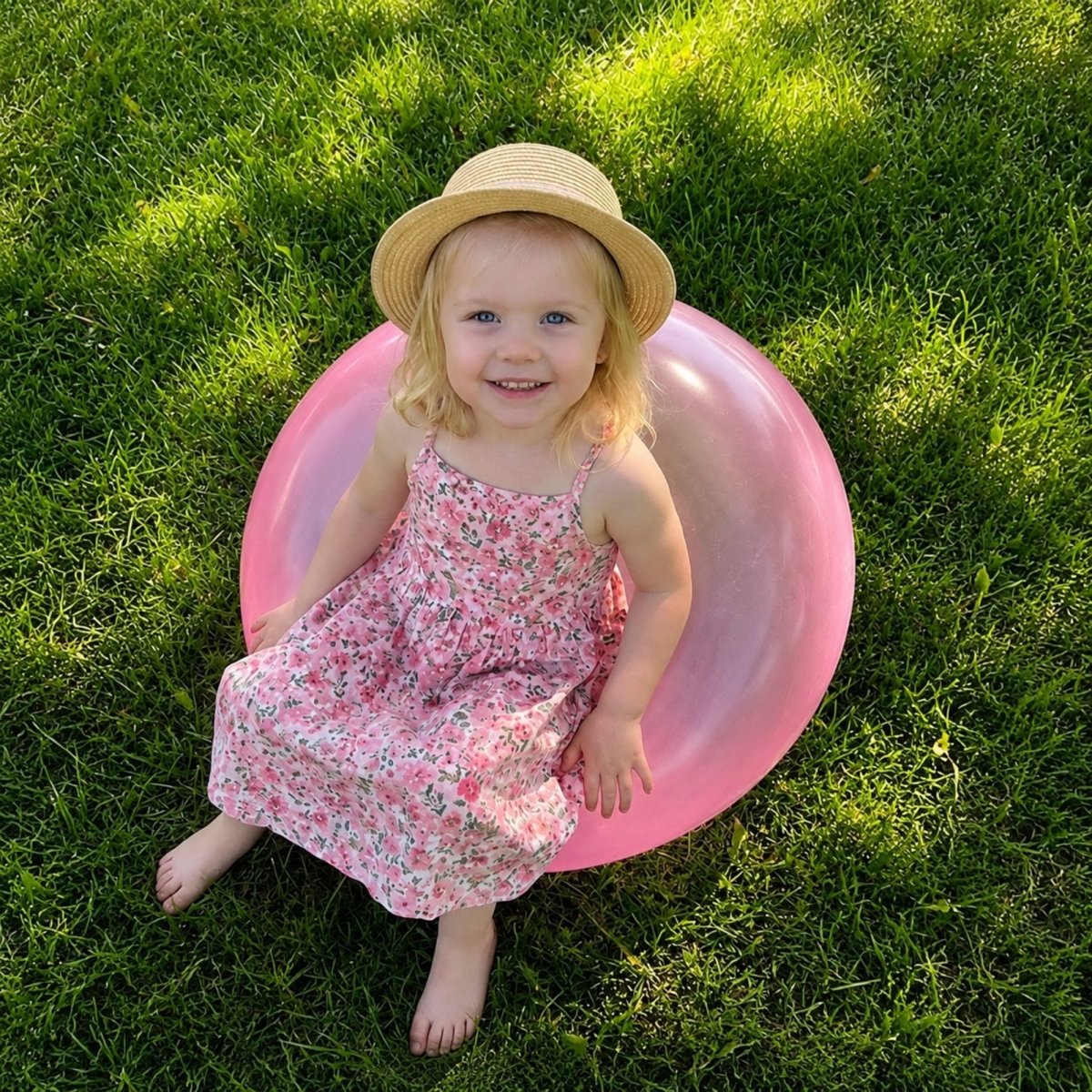 A cute toddler girl in a hat sitting comfortably on a pink standard-sized jelly balloon ball, perfect for sensory play and gentle bouncing.