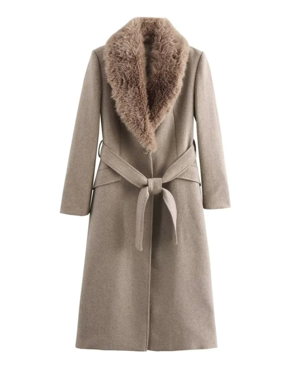The Trisha long wool wrap coat with shearling collar in oatmeal khaki, laid flat to show its full design and quality.