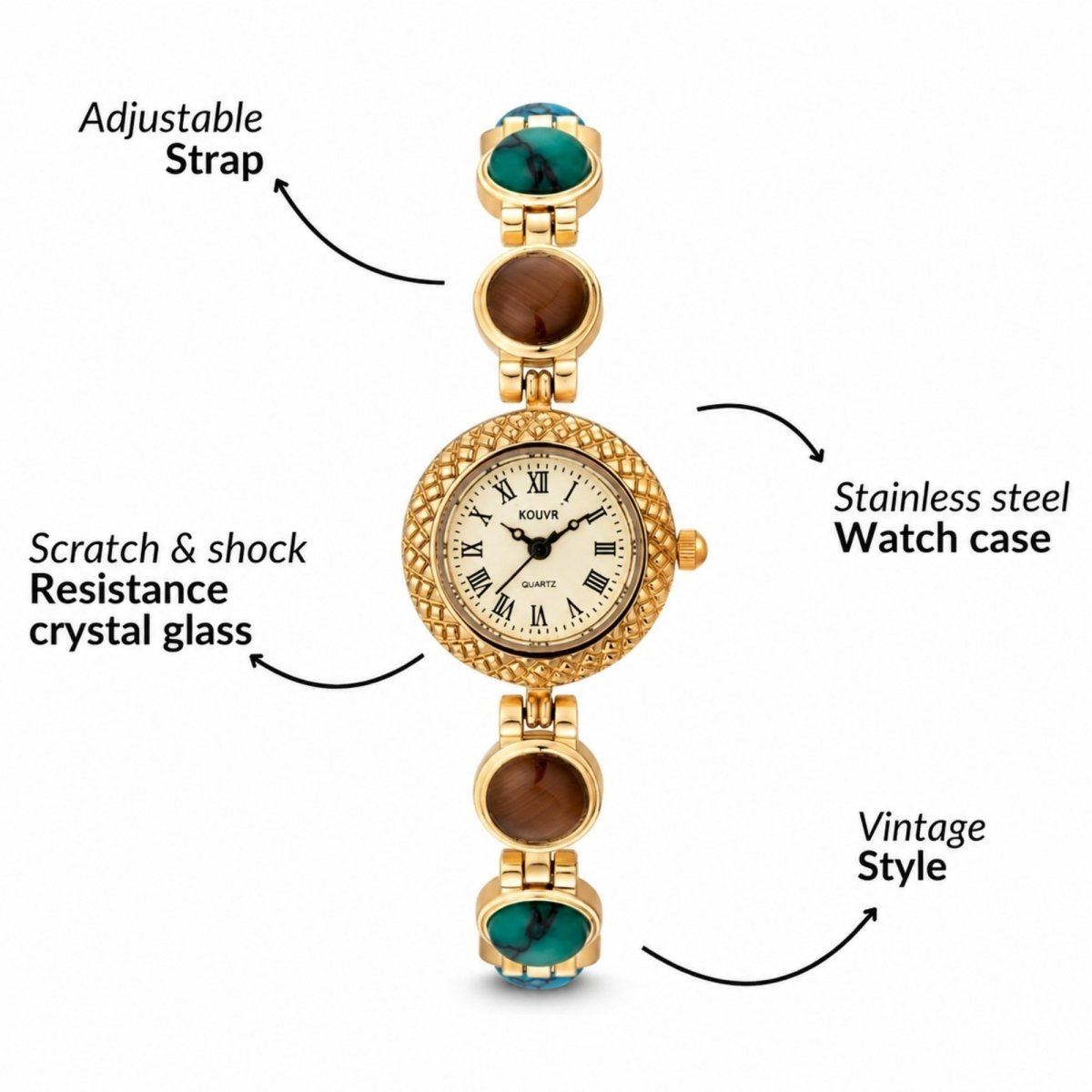 The Kouvr vintage gold watch with turquoise and tiger's eye stones sitting perfectly on a velvet cushion inside an open premium dark wood gift box.