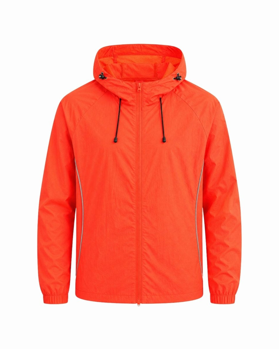 Flat lay front view of bright orange full zip windbreaker jacket showcasing the adjustable drawstring hood and elastic cuffs.