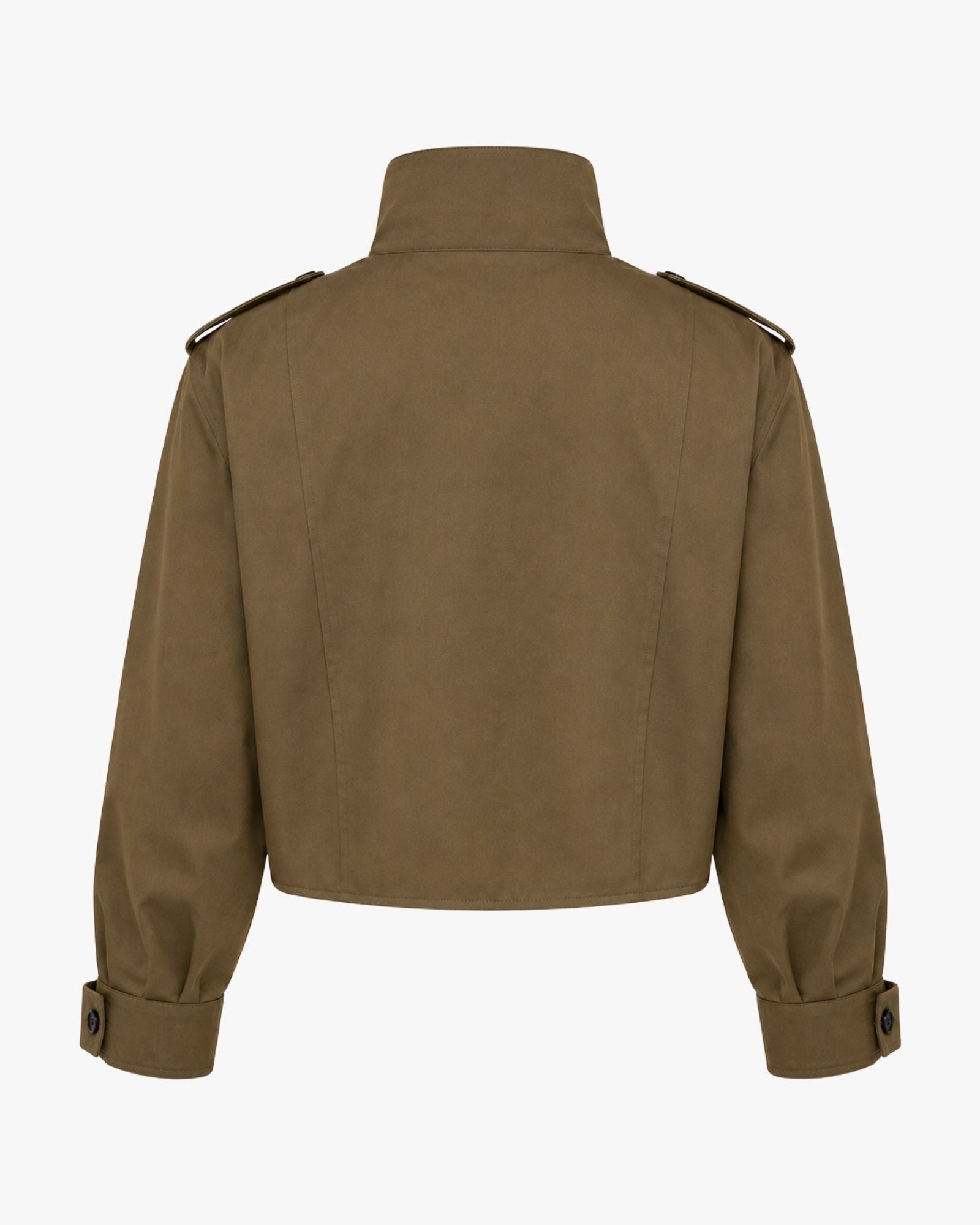 Studio shot back view of structured green cropped jacket showing premium fabric drape and utilitarian shoulder detailing.