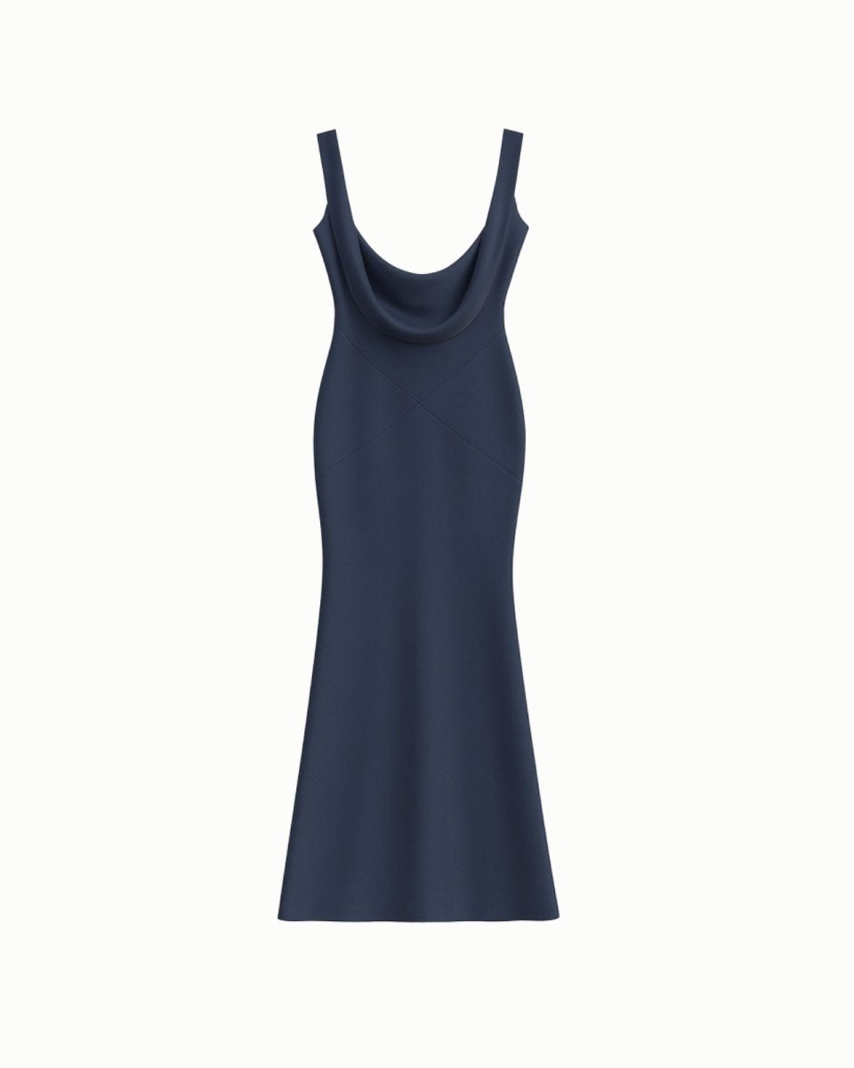 Flat lay of the back of the navy blue Vickie Gown, emphasizing the deep scoop back design and flowing satin material.