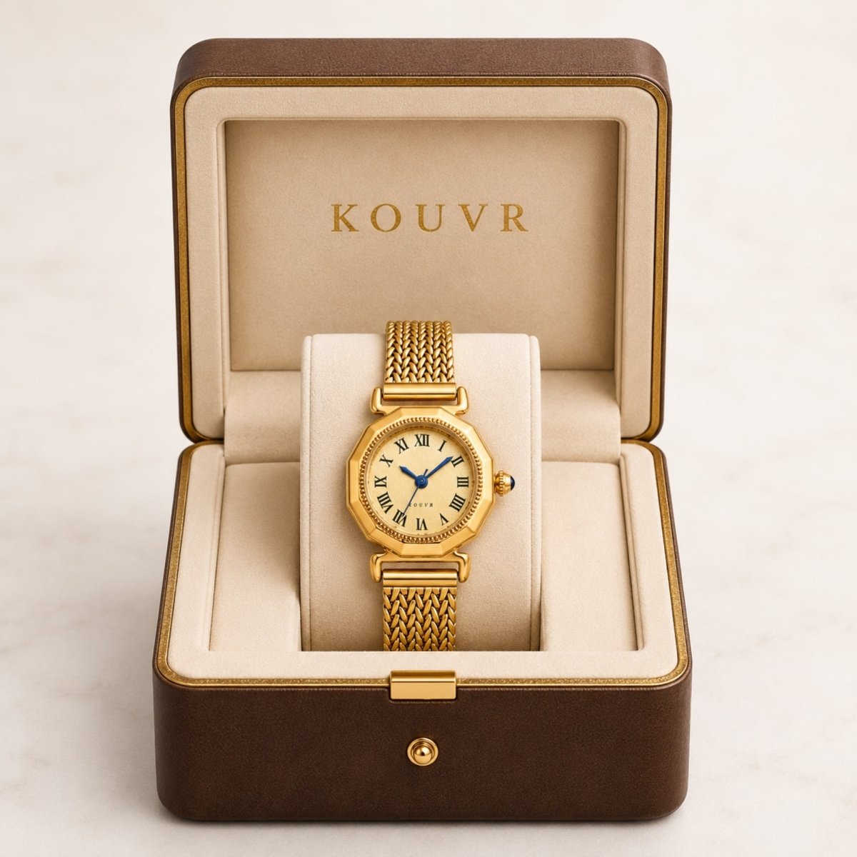 Vintage style gold octagonal women's watch by Kouvr presented in a premium brown leather display box