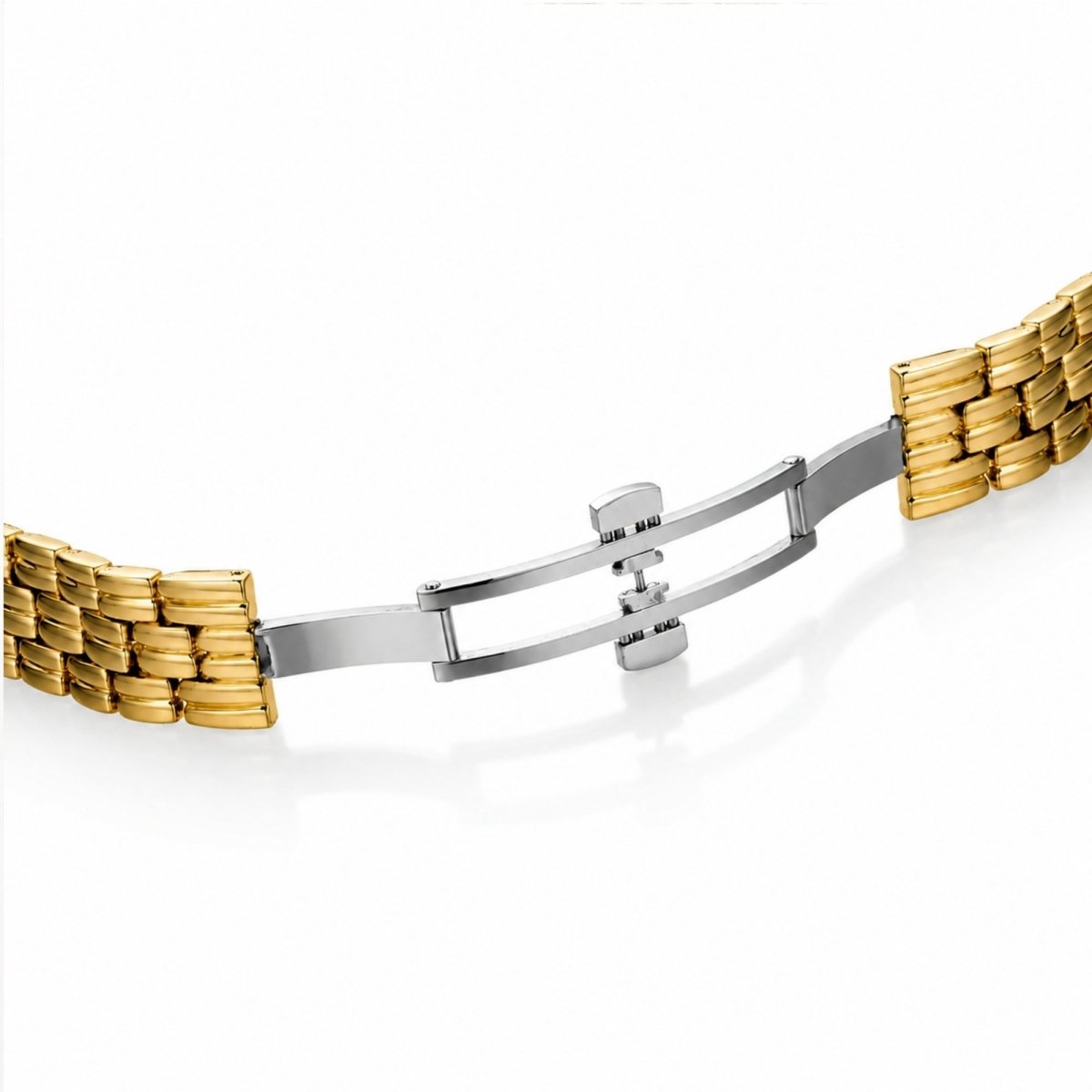 Detailed view of the open stainless steel butterfly deployant clasp mechanism on the Kouvr adjustable gold watch strap for secure daily wear.