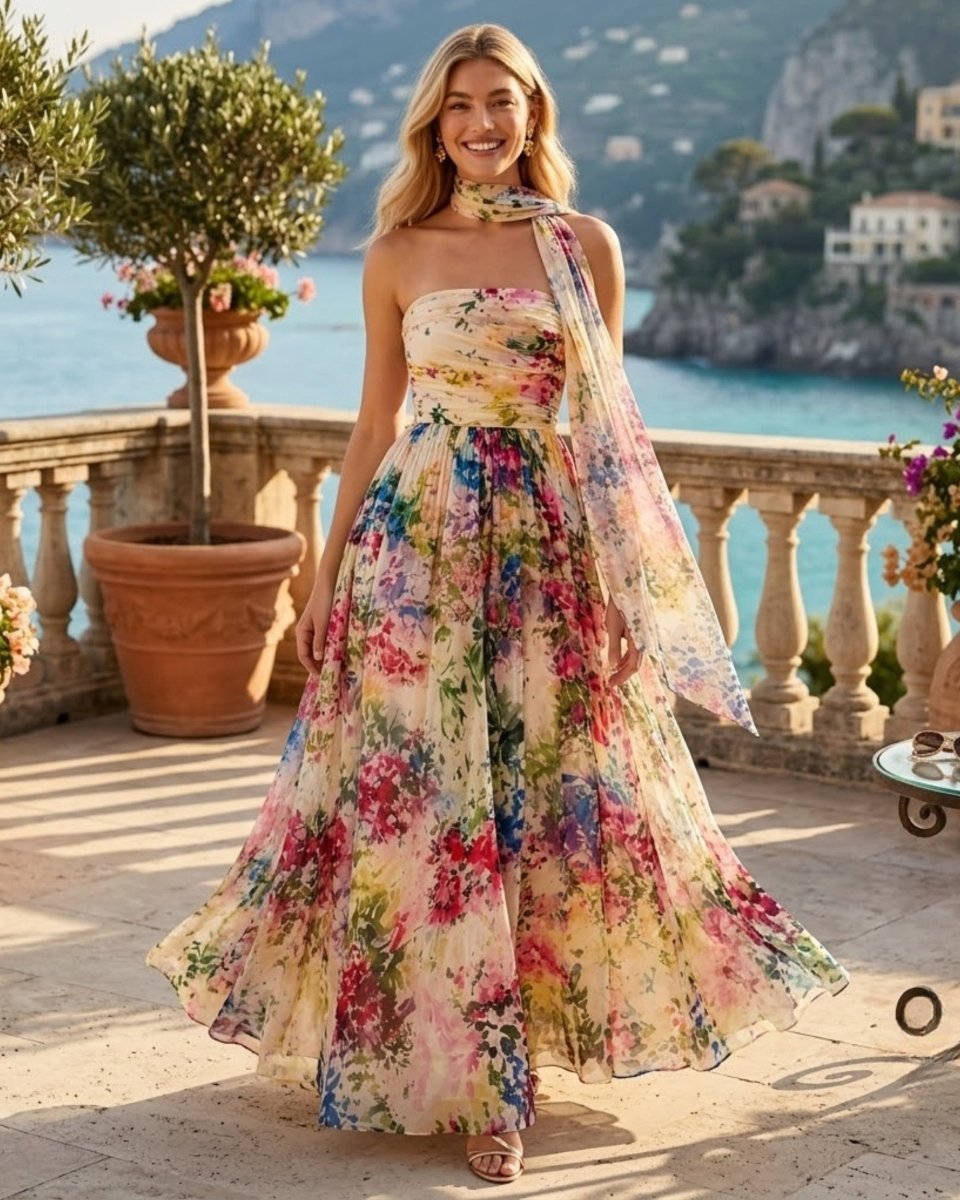 A woman stands on a sunlit terrace overlooking a coastal bay and cliffs, wearing a strapless floral maxi dress with a sheer draped overlay. The dress has a soft cream base with large multicolored floral print in pink, blue, green, yellow, and red.