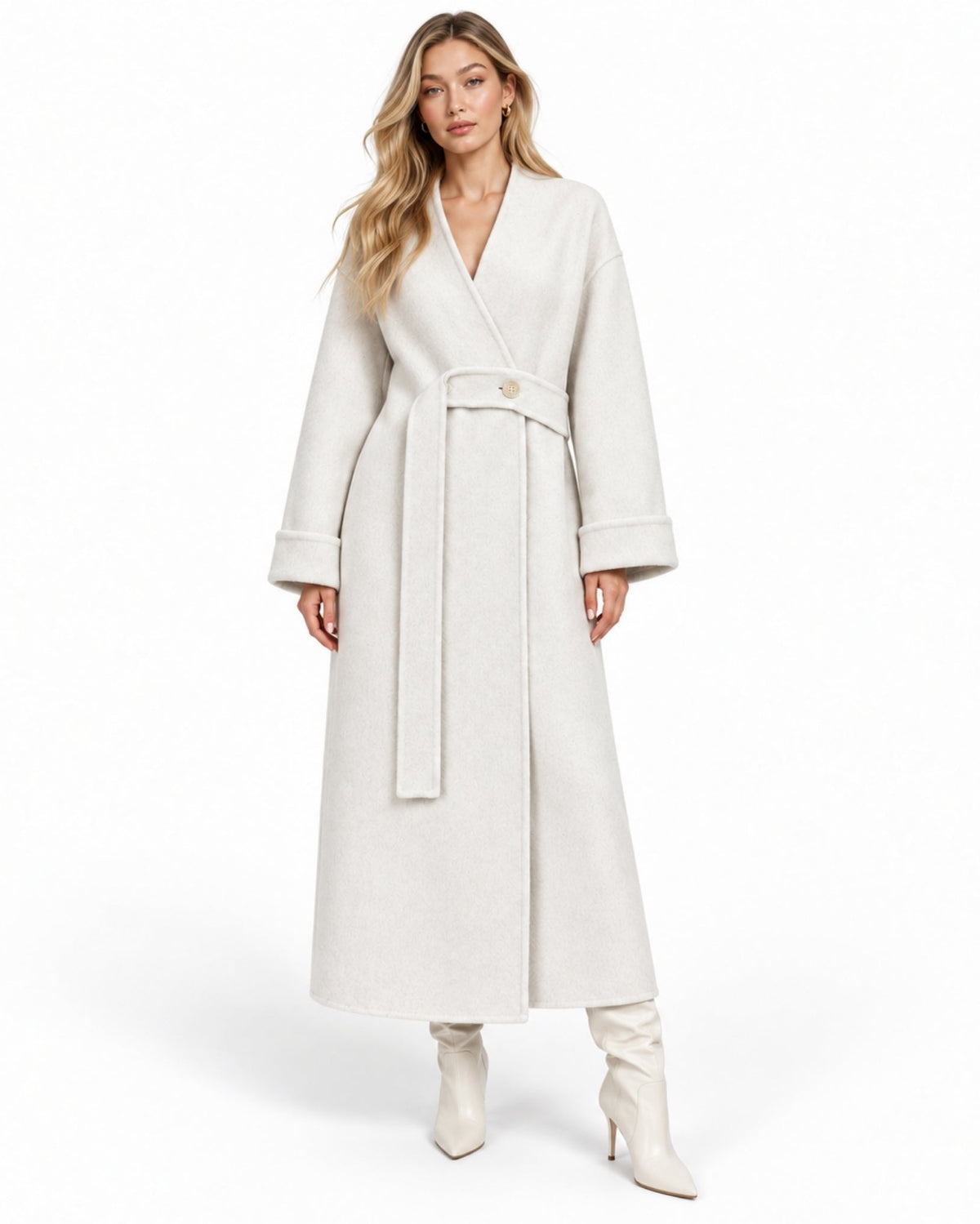 Woman wearing a luxury cream white long wool wrap coat with drop shoulders and a waist belt, styled with white leather boots for a chic winter outerwear look.