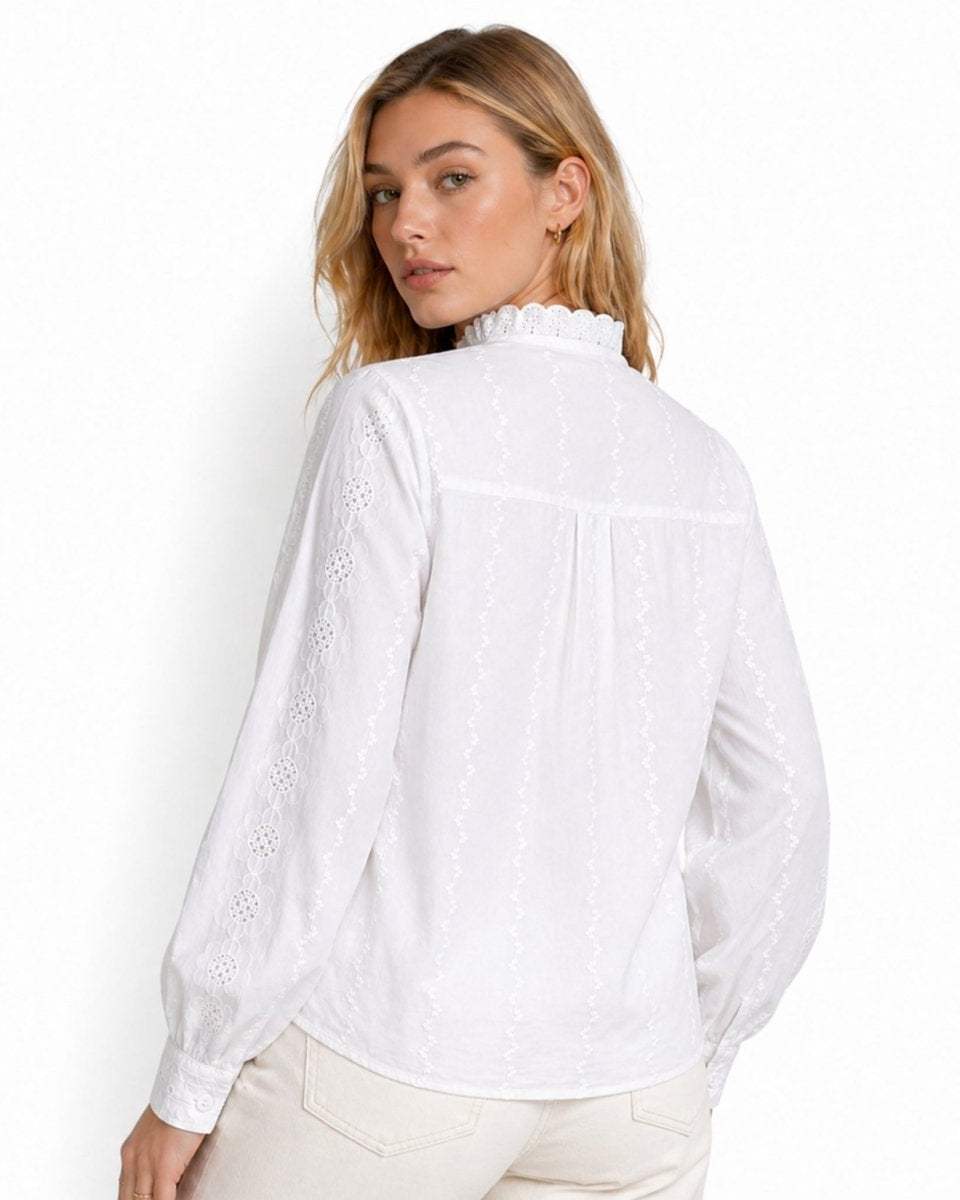 Back view detailing the yoke and gathers of the white high neck eyelet shirt