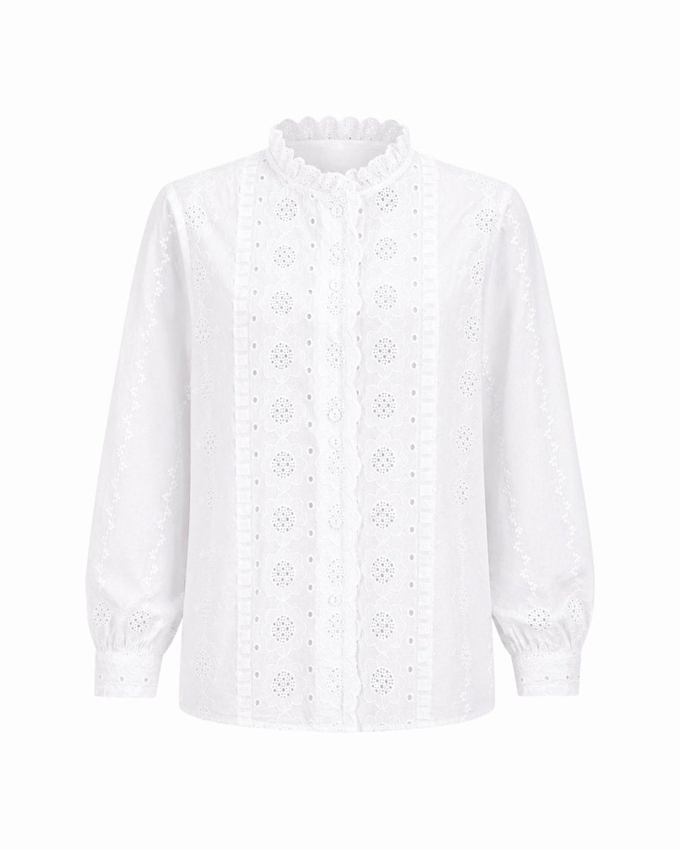 Flat lay front view of the white broderie anglaise button down shirt showing intricate embroidery
