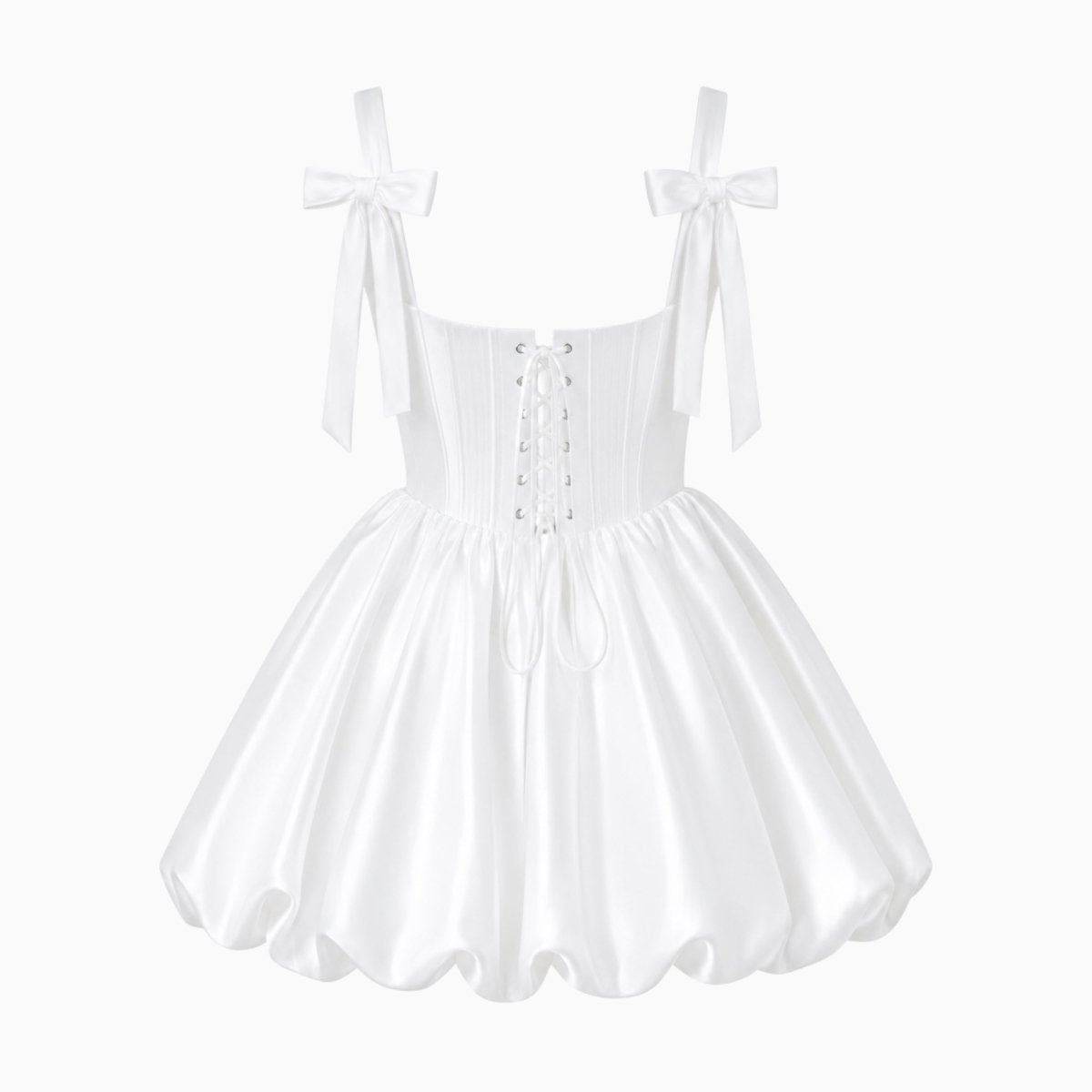 Back flat lay view of a white luxury mini dress displaying the detailed lace-up corset closure and delicate self-tie shoulder straps.