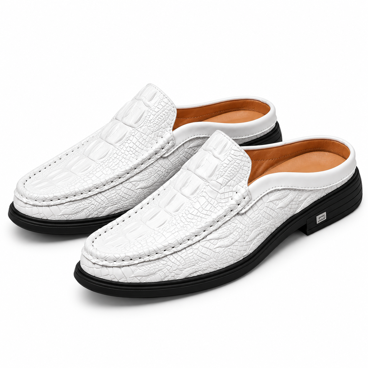 Pair of men's luxury white crocodile embossed leather backless loafers on a white background.