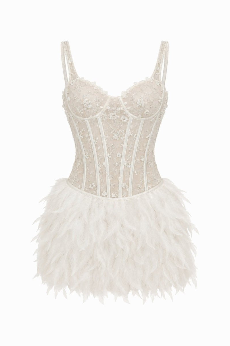 Flat lay front view of white mesh bustier cocktail dress with embroidered floral lace and dense plush feather skirt.