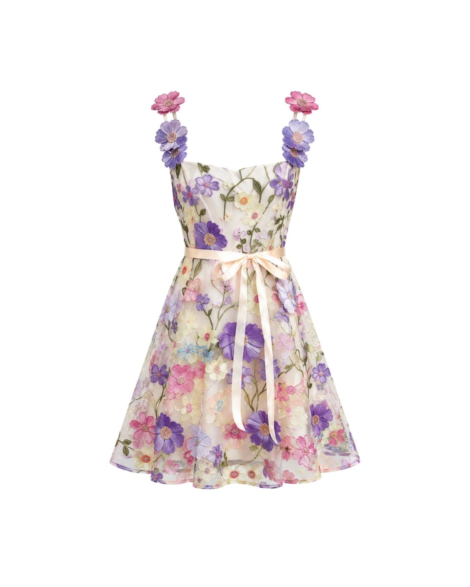 Nicoletta: kurzes A-Linien-Kleid mit cremefarbenem Tüll und pastellfarbigen Blüten, plastischen Blütenträgern und Bindeband.