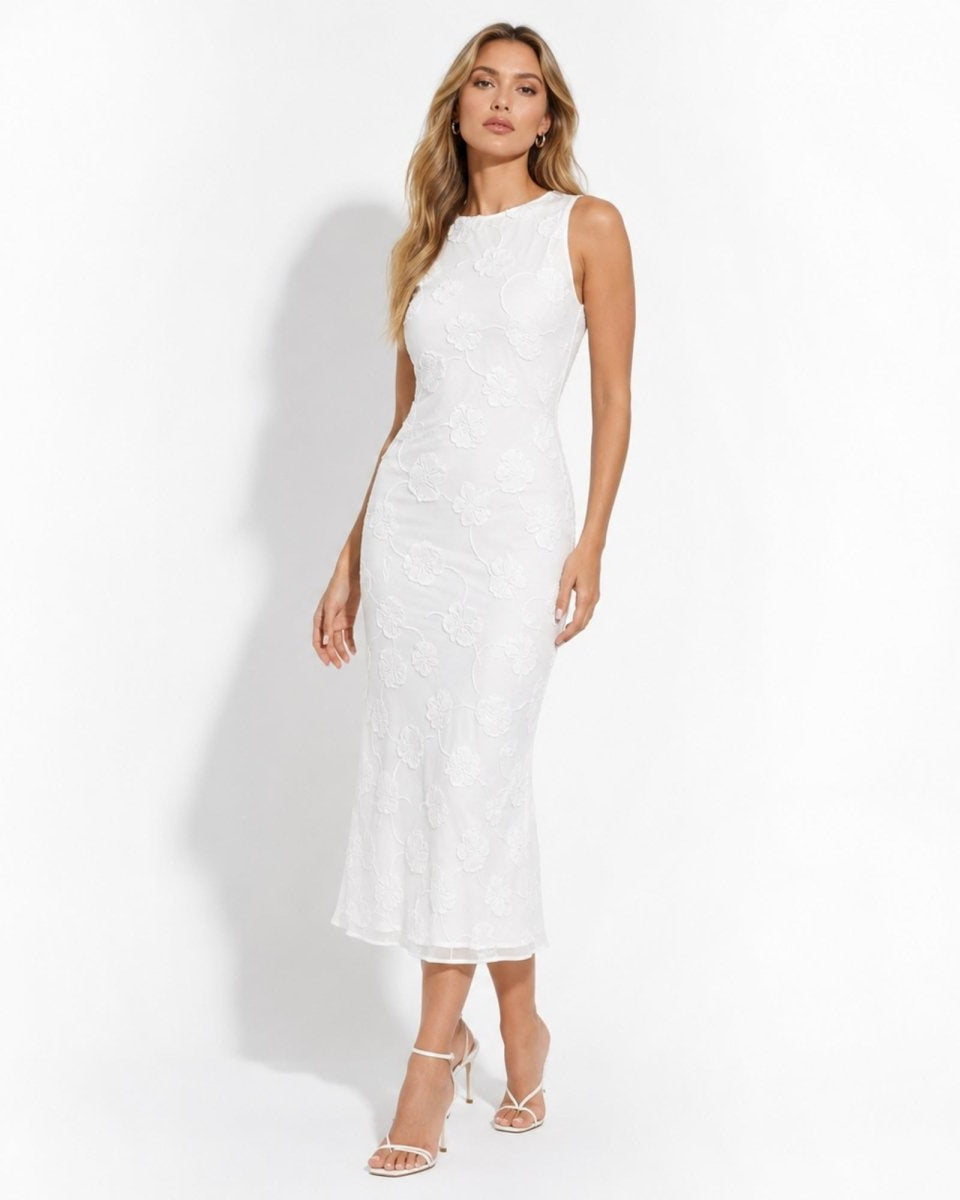 Elegant white floral burnout sleeveless maxi dress on model facing forward