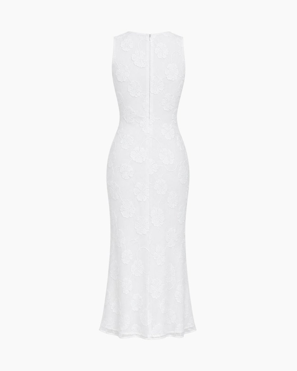 Flat lay front view of white floral textured high neck maxi dress