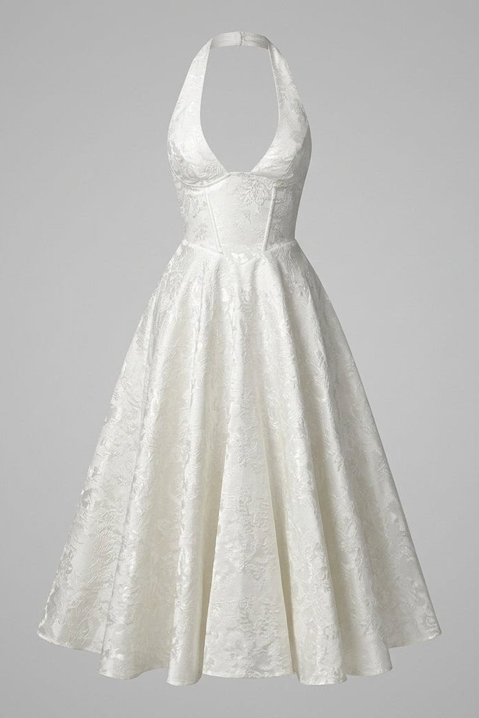 Ghost mannequin front view of the Kouvr affordable luxury white plunging v-neck jacquard formal midi dress.