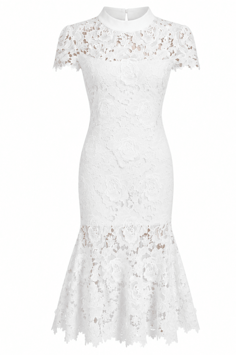 Studio flat lay image of white high neck floral lace midi dress with detailed scalloped hem and sleeve edges.