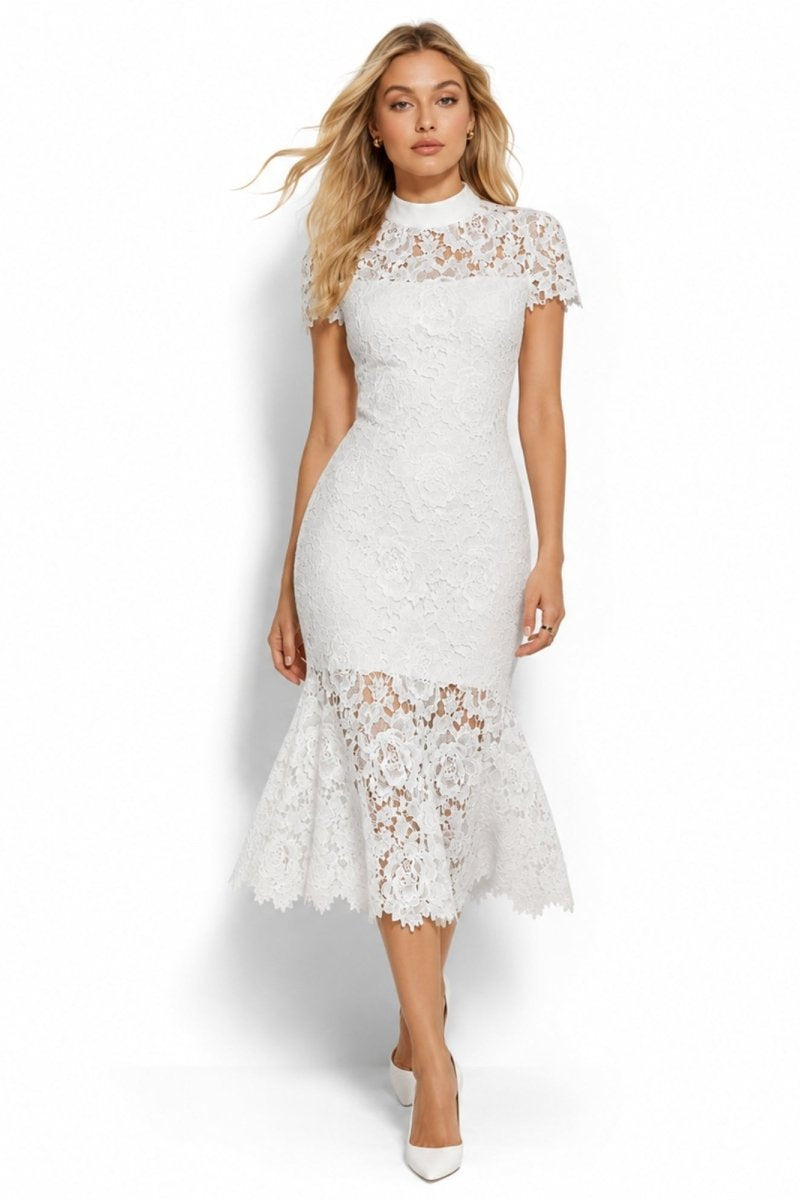  Front view of elegant white floral lace midi dress with high collar, perfect for bridal showers or formal events.