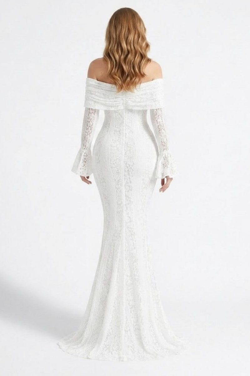 Back view of Fenlo Form white lace formal maxi dress displaying off shoulder neckline, ruched back bodice, and floor length bridal hem