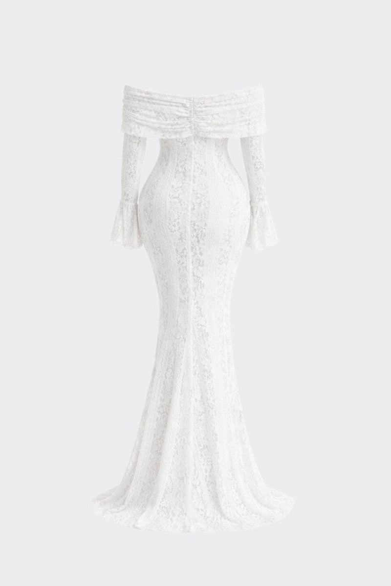 Back flat lay view of Fenlo Form fitted white lace mermaid maxi dress showing subtle train design and textural floral lace composition