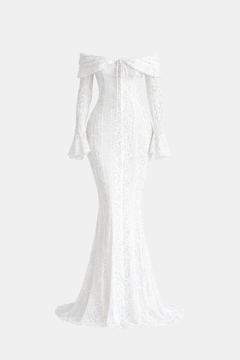 Front flat lay view of Fenlo Form white lace off the shoulder long sleeve dress highlighting sweetheart neckline and front tie string detail