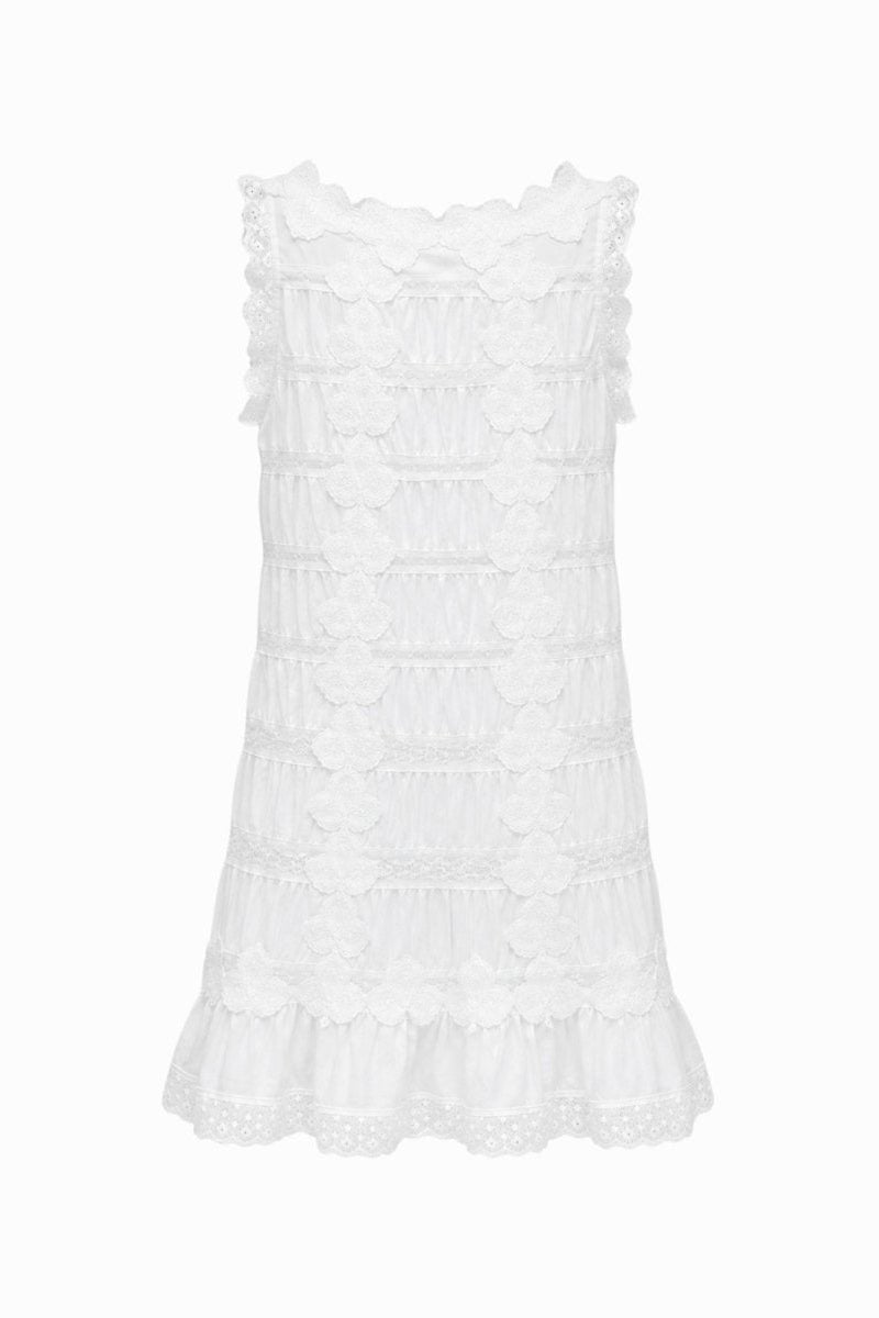 Detailed front view of Kouvr white floral applique sleeveless dress showing intricate lace craftsmanship