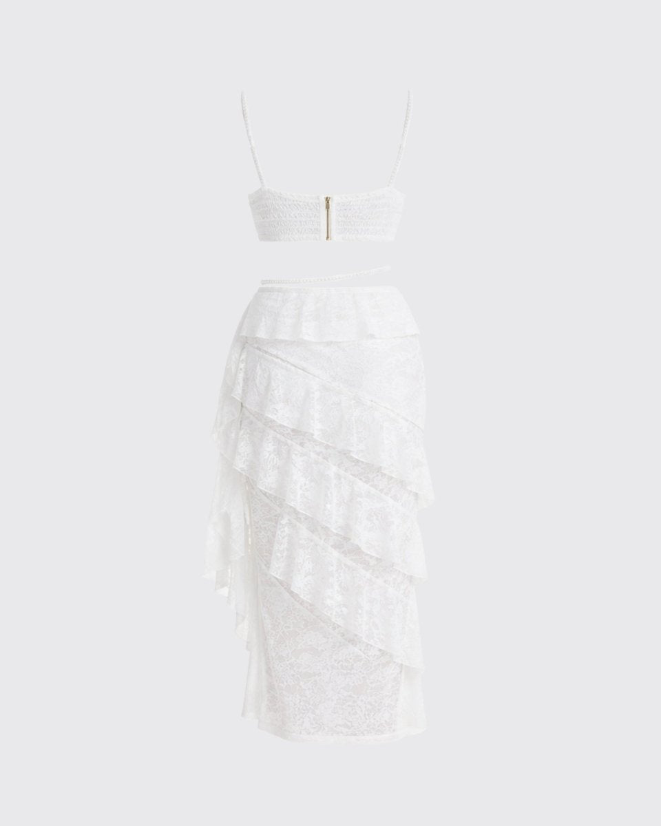 Back flat lay product shot detailing the back zipper on the bralette and the multi-layered lace skirt design.