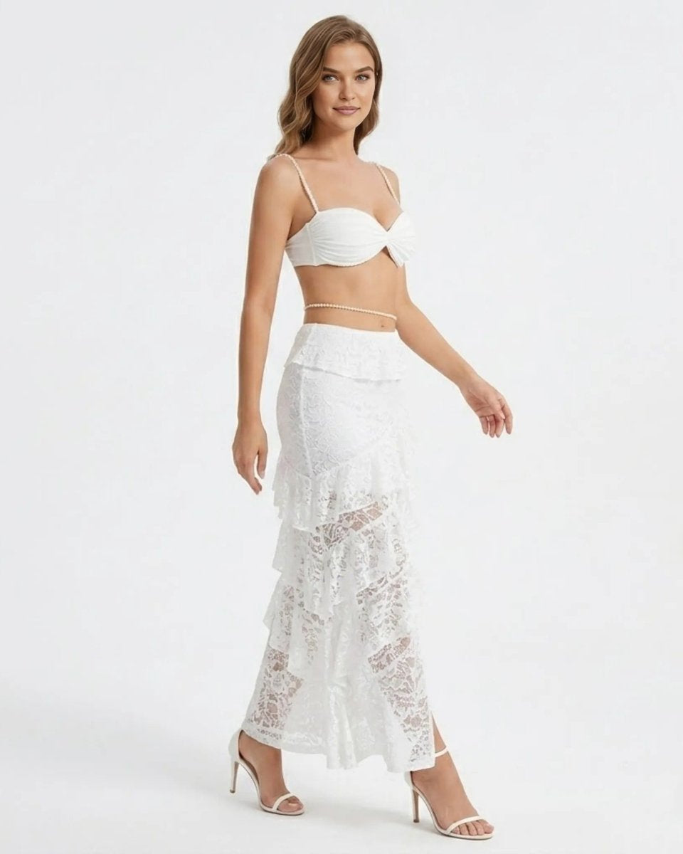 Side angle view showcasing the sheer lace panels and cascading ruffles of the white summer bridal matching set.