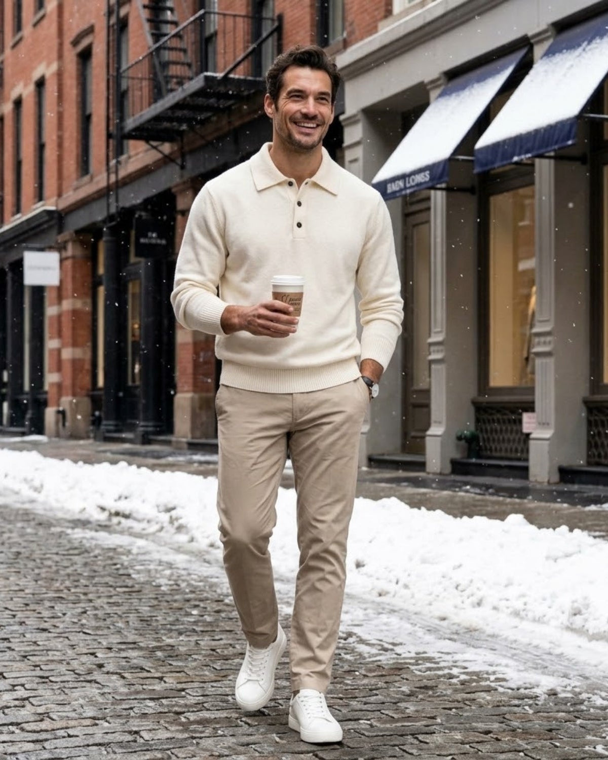 A man walking on a snowy city street wearing a cream knit polo sweater, beige trousers, and white sneakers, holding a coffee cup.