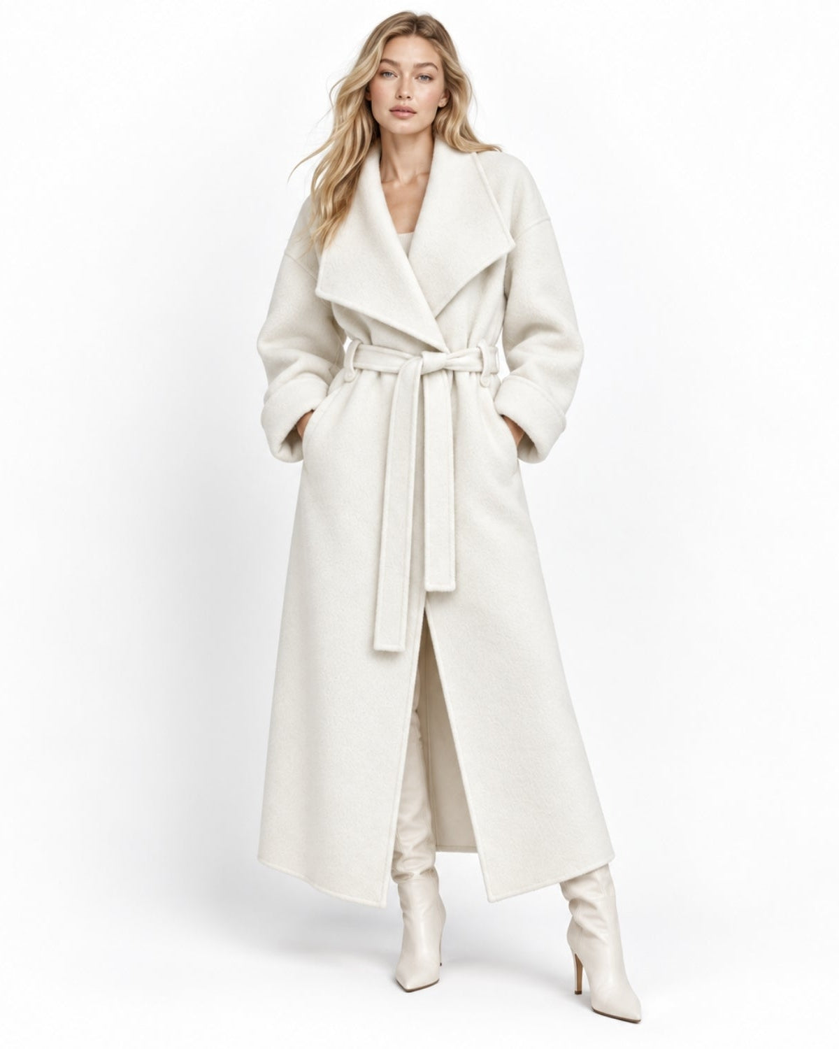 Front view of a woman wearing a luxury cream long wool wrap coat with an oversized collar and waist-cinching belt