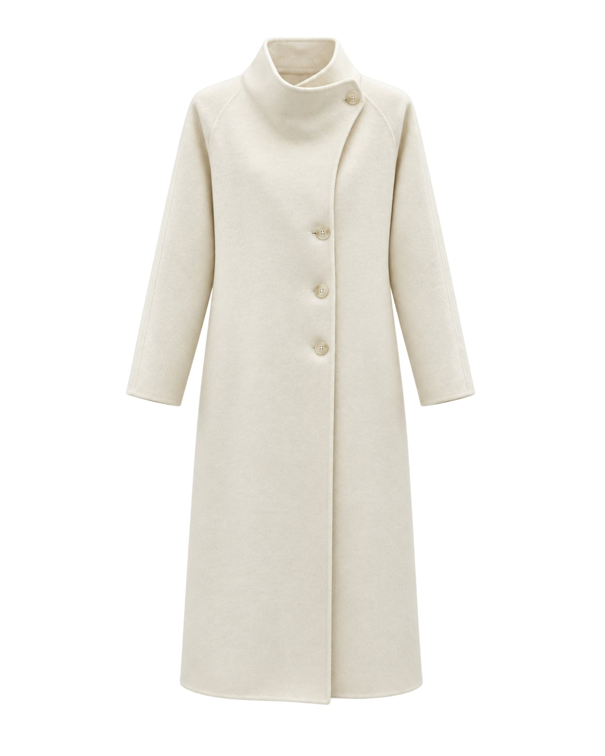 A long, straight-line coat in a warm off-white or cream color, featuring a mock neck, long sleeves, and a three-button front closure, shown against a plain white background.