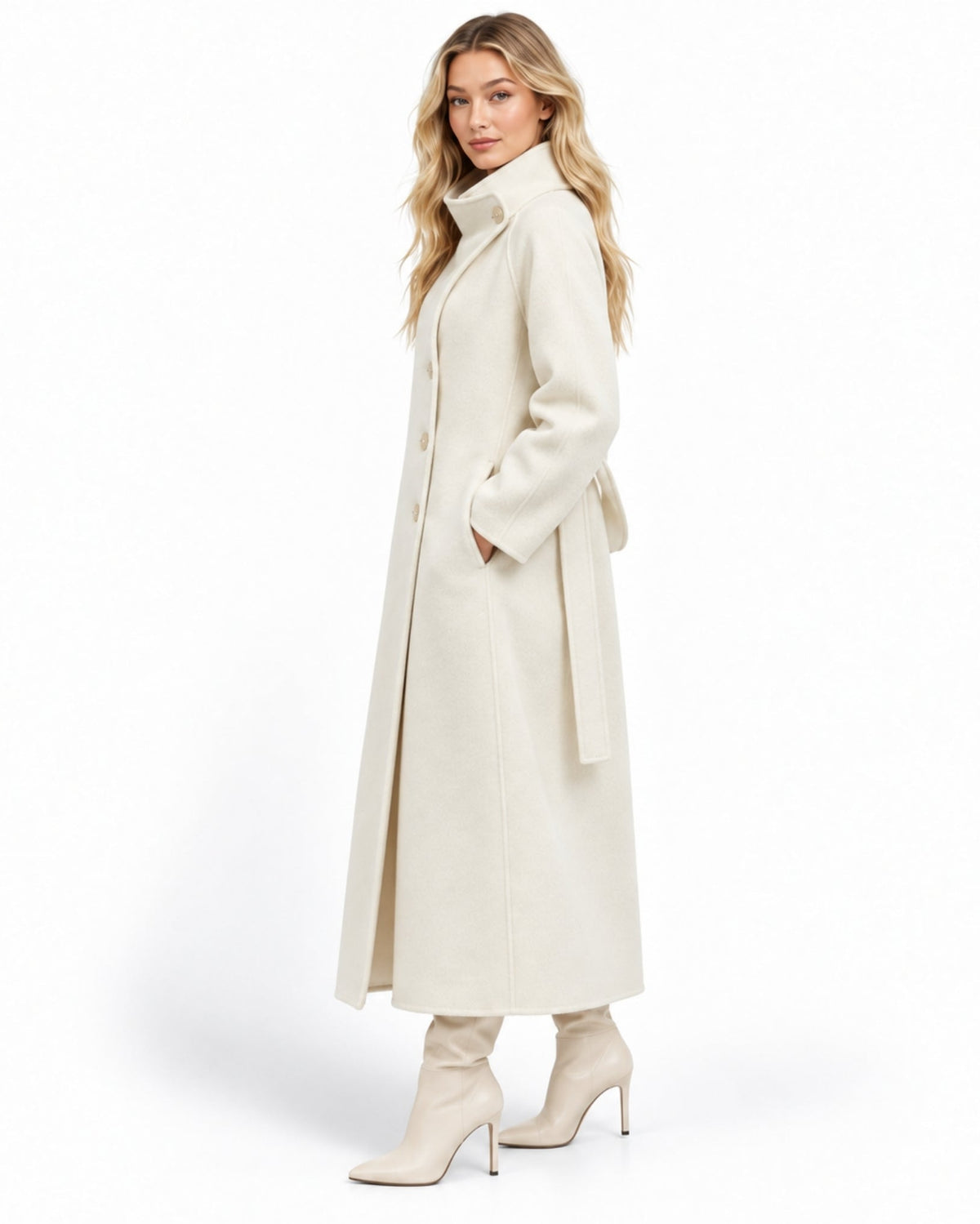 A woman modeling a long, high-collared cream coat with a wrap-style waist belt, paired with matching cream heeled boots, against a solid white studio background.