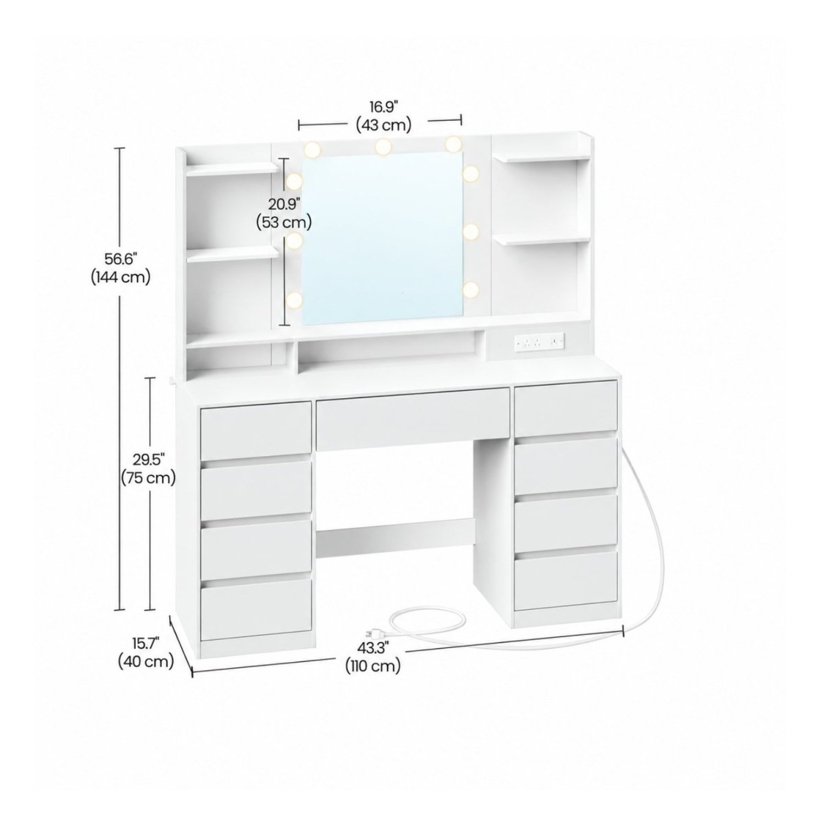 White vanity table with built-in mirror, shelves, and side lights, shown with dimension labels and measurement lines on a white background.