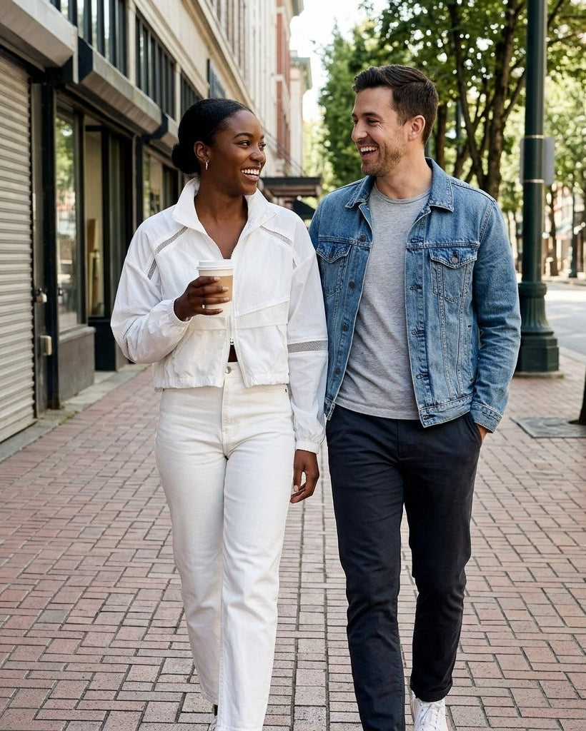 Lifestyle shot of a woman smiling outdoors wearing the white cropped windbreaker jacket on a city street