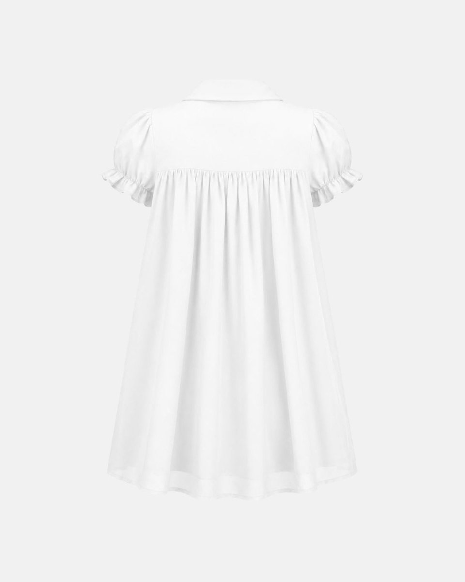 A white short-sleeve blouse shown from the back, featuring a pointed collar, smocked upper back, and ruffled sleeves, set against a solid light gray background.