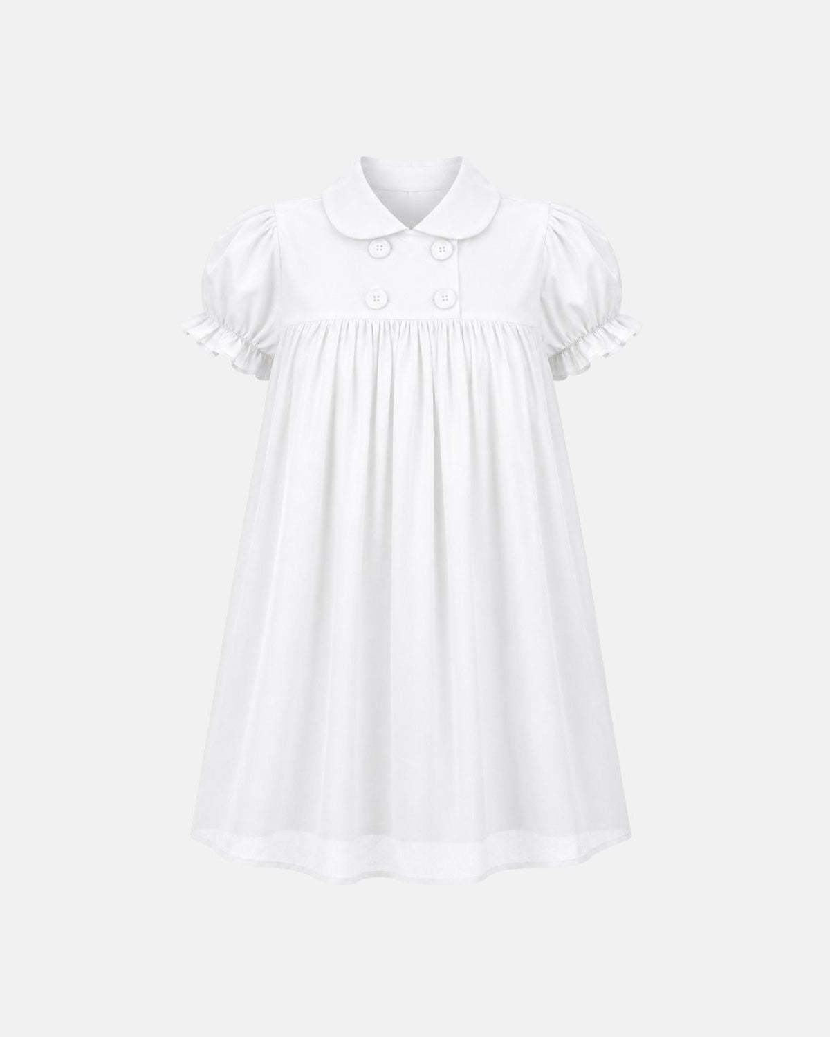 A white short-sleeve baby dress with a Peter Pan collar, double-button neckline, and ruffled sleeves, shown on a light gray background.