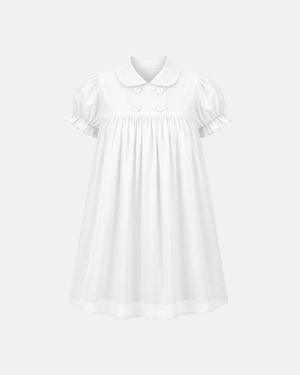 A white short-sleeve baby dress with a Peter Pan collar, double-button neckline, and ruffled sleeves, shown on a light gray background.