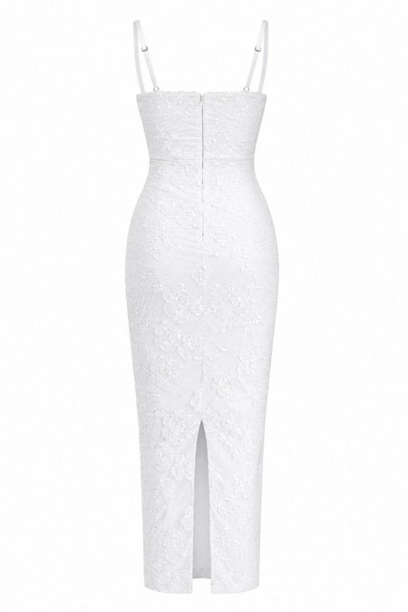 A white sleeveless midi dress with thin shoulder straps, a fitted bodice, and a front slit, shown against a plain white background.
