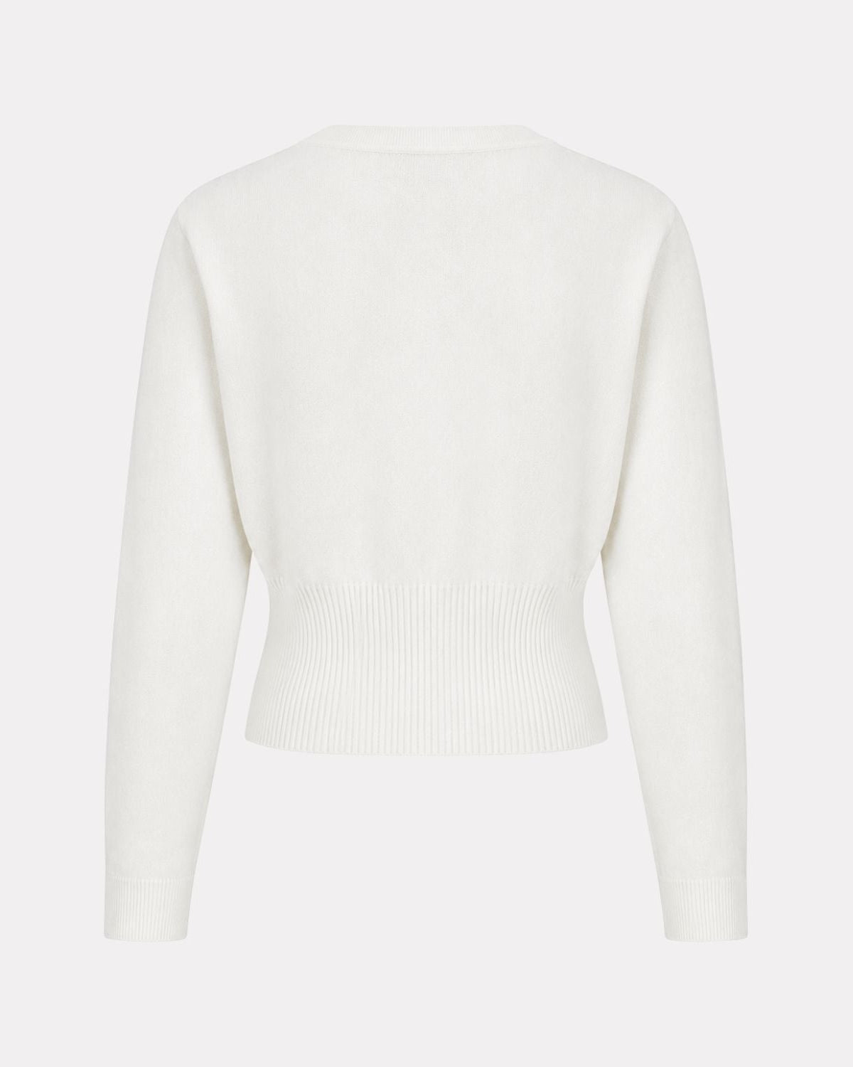 A cream-colored knit sweater with long sleeves and a ribbed hem, shown from the back on a light gray background.