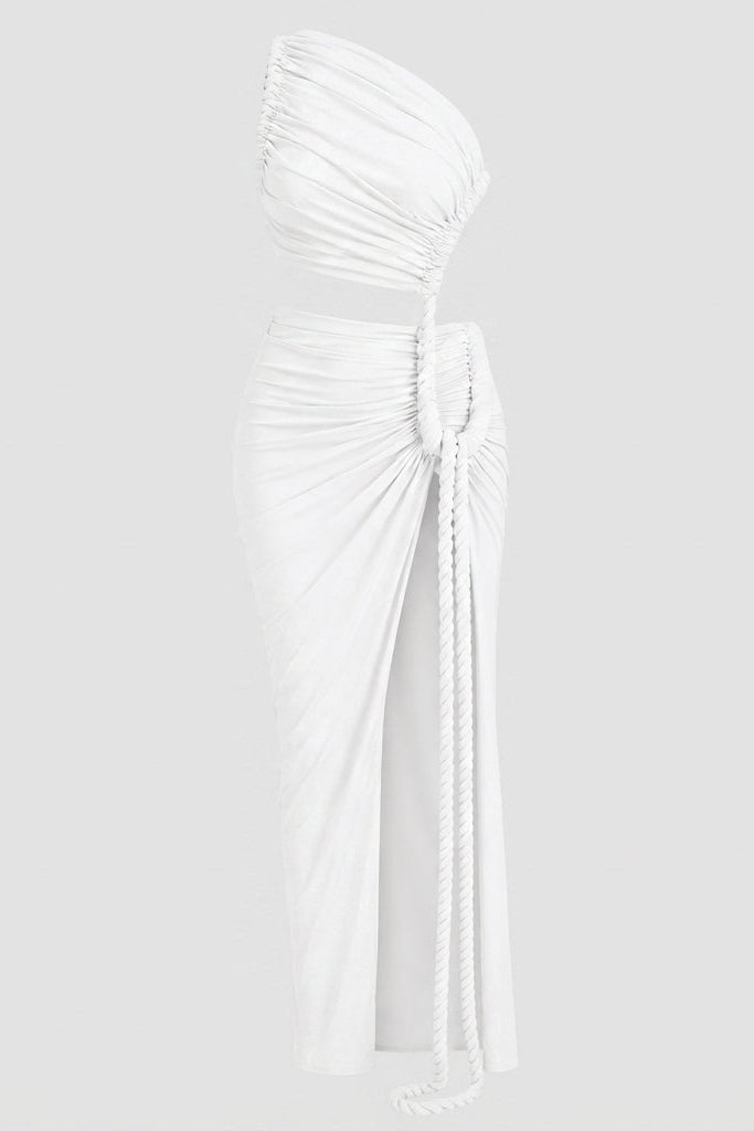Ghost mannequin front view of the white one shoulder ruched cutout maxi dress with rope accent on a clean white background. White - front catalog