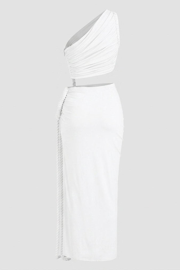  Ghost mannequin side view of the white asymmetrical maxi dress showcasing the waist cutout and draped silhouette without a model.