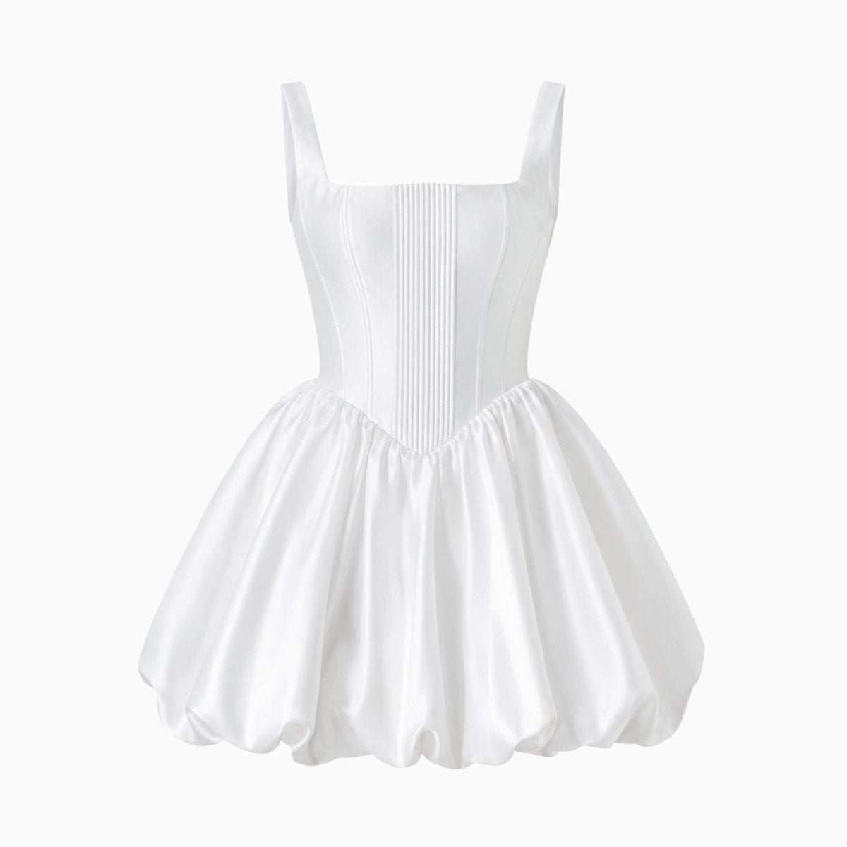 Front flat lay view of a white satin mini dress highlighting the pleated architectural corset boning, square neckline, and bubble skirt construction.