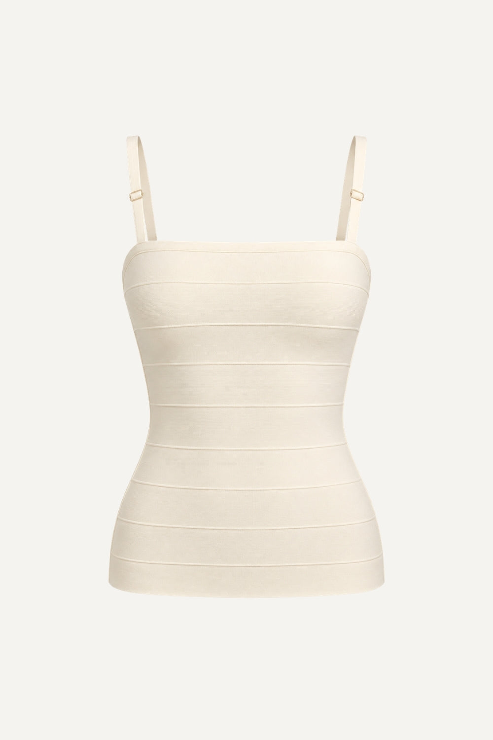 An off-white ribbed knit camisole tank top with thin adjustable shoulder straps, shown against a solid off-white background.