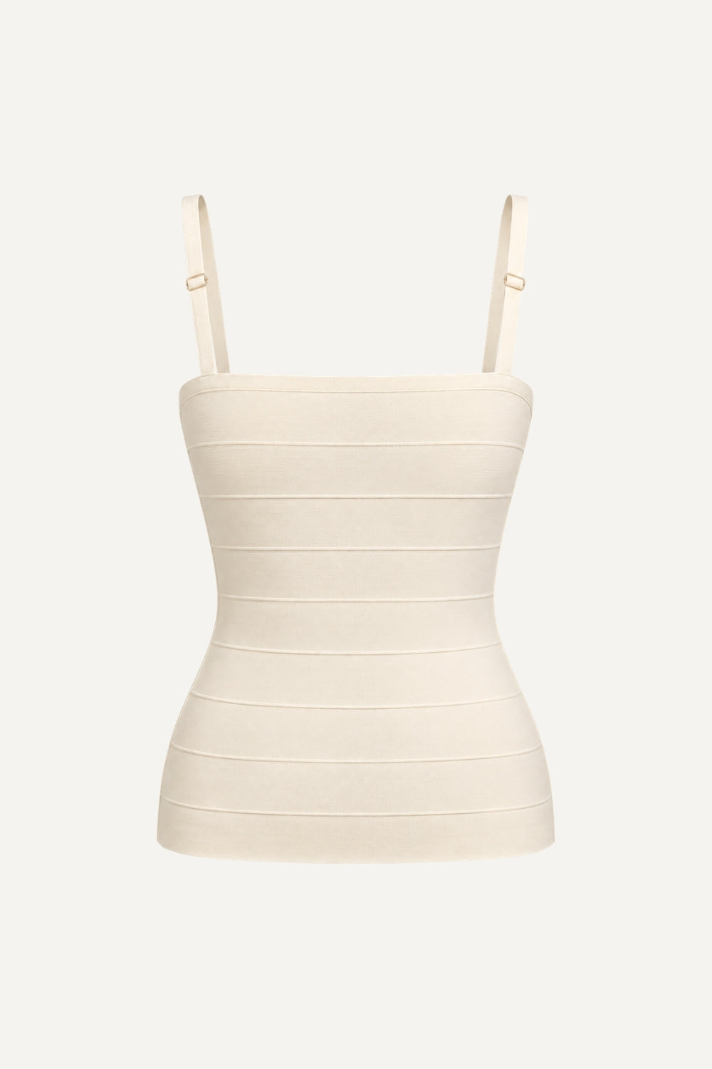 An off-white ribbed knit camisole top with thin adjustable shoulder straps, shown against a solid off-white background.