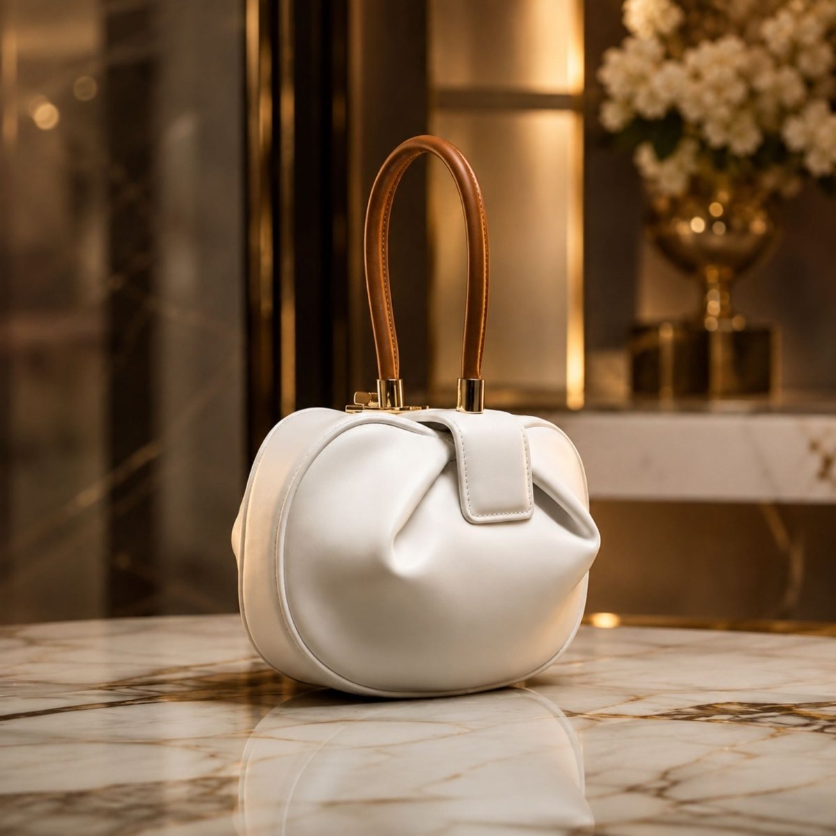 A white leather handbag with a curved top handle and gold-tone hardware, displayed on a polished marble surface in an elegant interior setting.