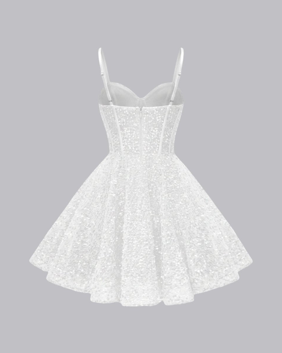 Ghost mannequin back view of white sparkly bridal reception mini dress with zipper